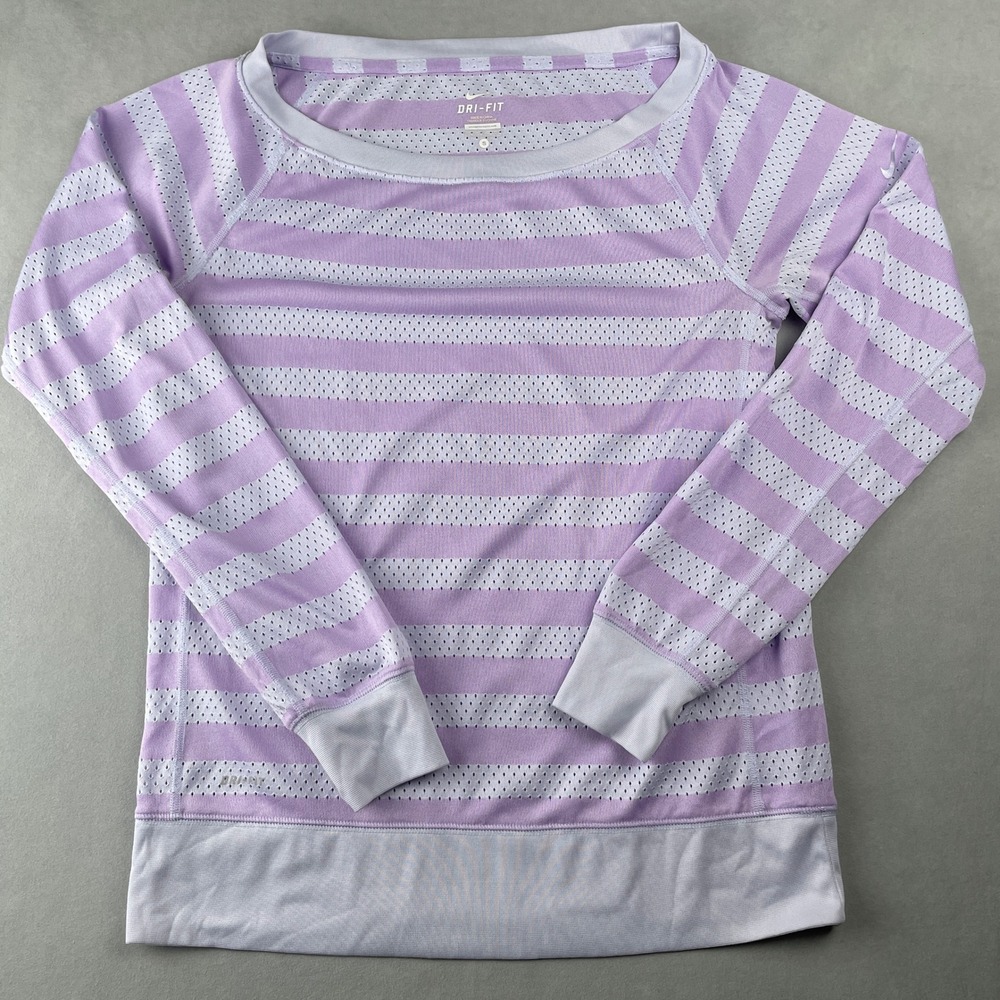 Nike Dri Fit Shirt Women S Purple White Stripe Athletic Gym Long Sleeve Mesh Top